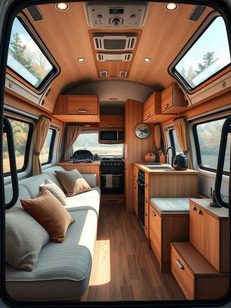 A photo of the interior of a LaFugue camper van, showcasing its comfortable and well-equipped living space, emphasizing the convenience and amenities provided.