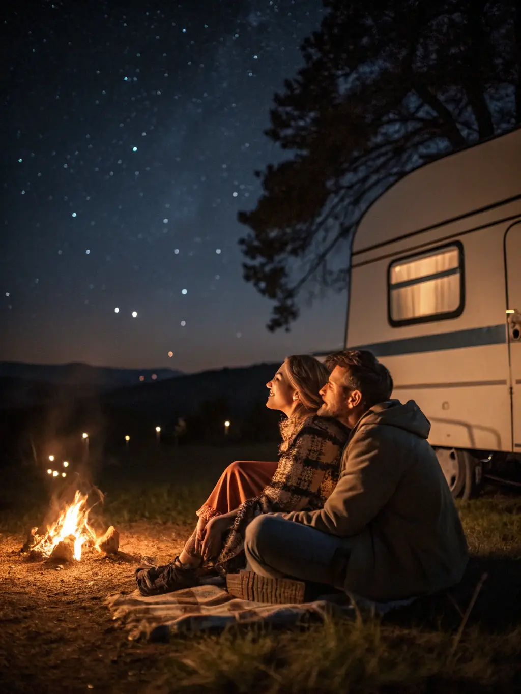 A picture of a couple toasting marshmallows over a campfire near their rented LaFugue van, under a starry Quebec sky, highlighting the romantic and adventurous possibilities.