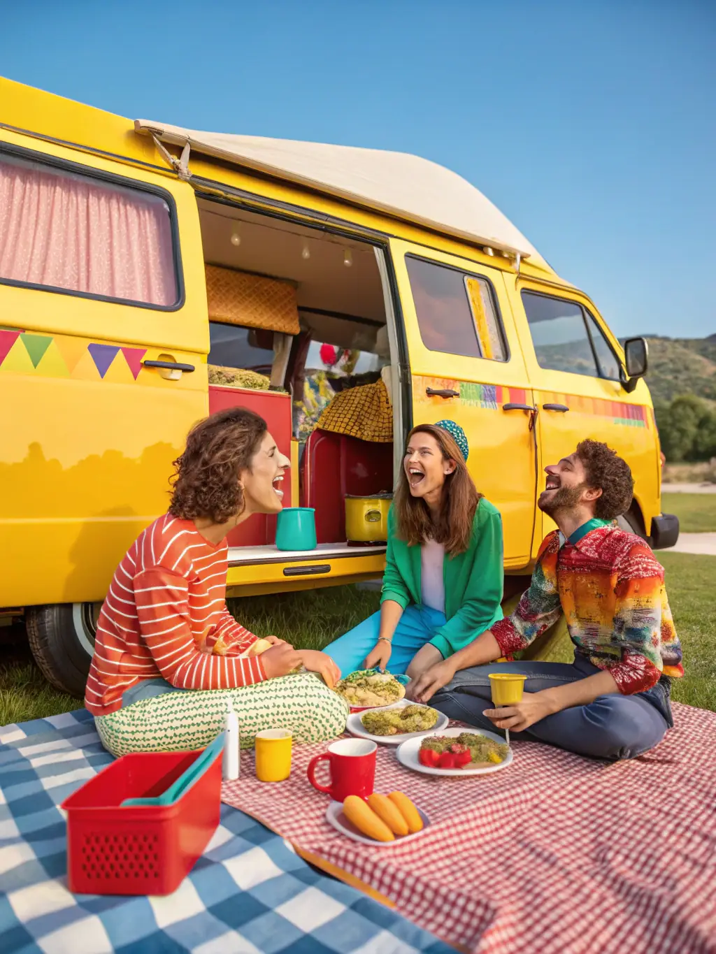 An image of a family laughing and preparing a meal outside a LaFugue camper van in a provincial park in Quebec, emphasizing the family-friendly aspect of RV travel.